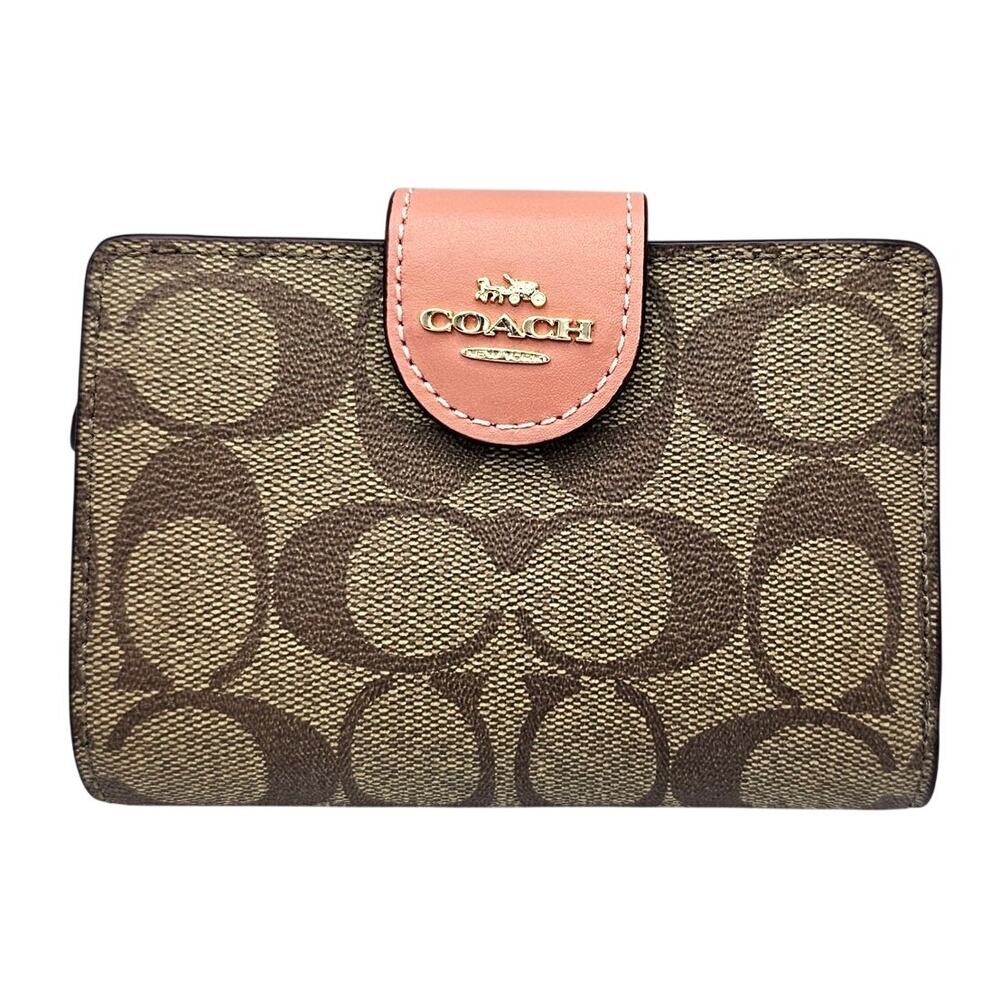 Coach C0082 Signature Medium Corner Zip Wallet Khaki Light Coral